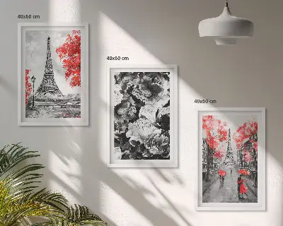 Įrėmintas triptikas pilki Eifelio bokšto paveikslai