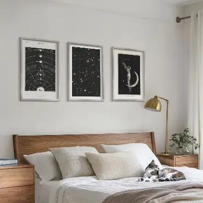 Saulės sistemos paveikslų rinkinys 3 dalių komplektas su rėmais