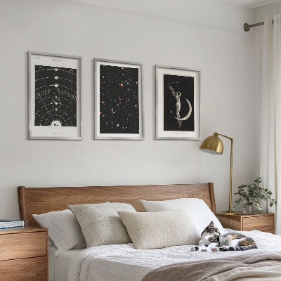 3 paveikslų rinkinys su rėmais Saulės sistemos naktinis paveikslas