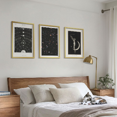 3 paveikslų rinkinys su rėmais Saulės sistemos naktinis paveikslas