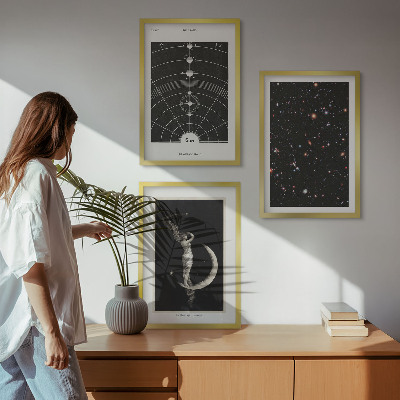 3 paveikslų rinkinys su rėmais Saulės sistemos naktinis paveikslas