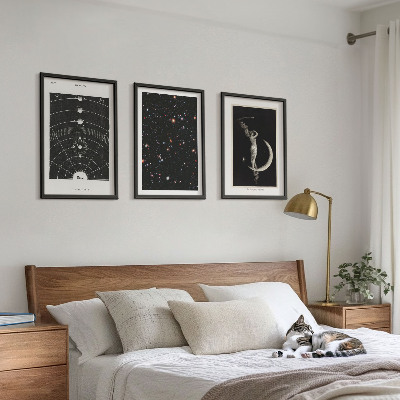 3 paveikslų rinkinys su rėmais Saulės sistemos naktinis paveikslas