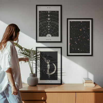 3 paveikslų rinkinys su rėmais Saulės sistemos naktinis paveikslas