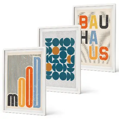 Bauhaus geometriniai raštai 3 paveikslų rinkinys su rėmais