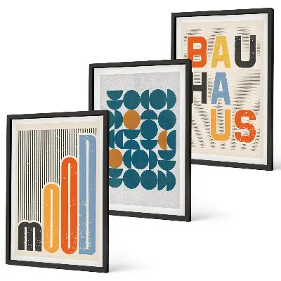 Bauhaus geometriniai raštai 3 paveikslų rinkinys su rėmais