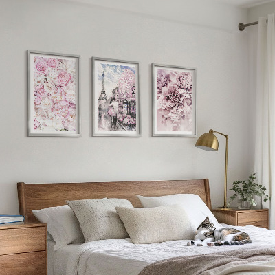3 paveikslų rinkinys su rėmais Rožinių atspalvių peizažas gėlėms