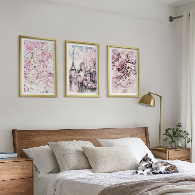 3 paveikslų rinkinys su rėmais Rožinių atspalvių peizažas gėlėms