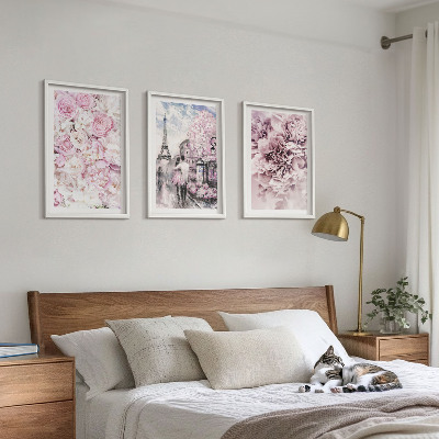 3 paveikslų rinkinys su rėmais Rožinių atspalvių peizažas gėlėms
