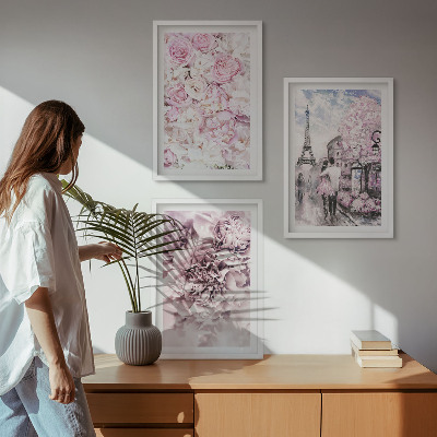 3 paveikslų rinkinys su rėmais Rožinių atspalvių peizažas gėlėms