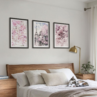 3 paveikslų rinkinys su rėmais Rožinių atspalvių peizažas gėlėms