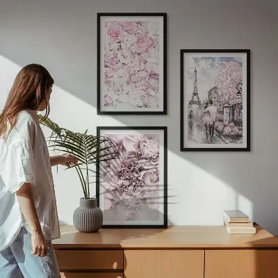 3 paveikslų rinkinys su rėmais rožinių atspalvių gėlių peizažas