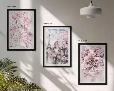 3 paveikslų rinkinys su rėmais rožinių atspalvių gėlių peizažas