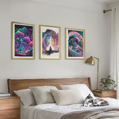Spalvingos fantazijos meno iliustracijos 3 paveikslų rinkinys su rėmais