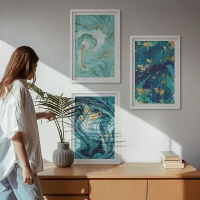 Turkio spalvos dažų abstrakcija 3 paveikslų rinkinys su rėmais