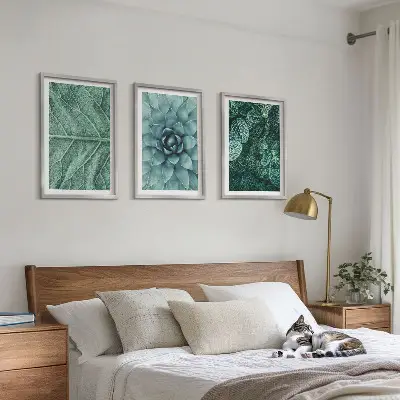 3 paveikslų rinkinys su rėmais augalų lapai stambiu planu