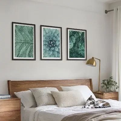 3 paveikslų rinkinys su rėmais augalų lapai stambiu planu