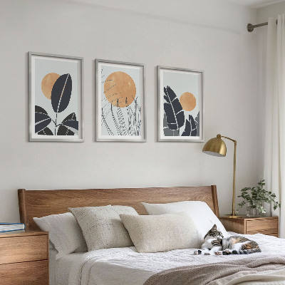 3 paveikslų rinkinys su rėmais Augalų raštai didelių saulių minimalistiniai