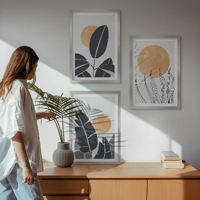3 paveikslų rinkinys su rėmais Augalų raštai didelių saulių minimalistiniai
