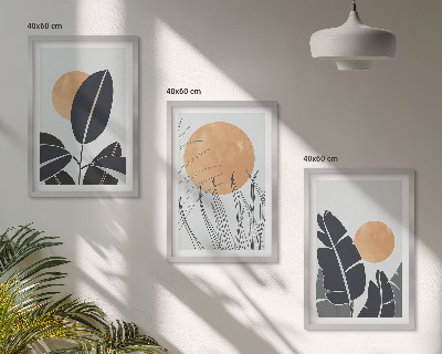 3 paveikslų rinkinys su rėmais Augalų raštai didelių saulių minimalistiniai