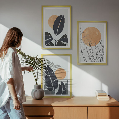 3 paveikslų rinkinys su rėmais Augalų raštai didelių saulių minimalistiniai