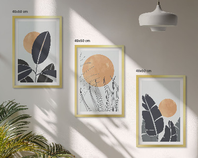 3 paveikslų rinkinys su rėmais Augalų raštai didelių saulių minimalistiniai