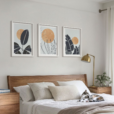 3 paveikslų rinkinys su rėmais Augalų raštai didelių saulių minimalistiniai