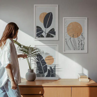 3 paveikslų rinkinys su rėmais Augalų raštai didelių saulių minimalistiniai