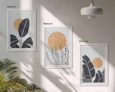 3 paveikslų rinkinys su rėmais Augalų raštai didelių saulių minimalistiniai