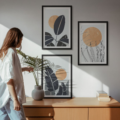 3 paveikslų rinkinys su rėmais Augalų raštai didelių saulių minimalistiniai