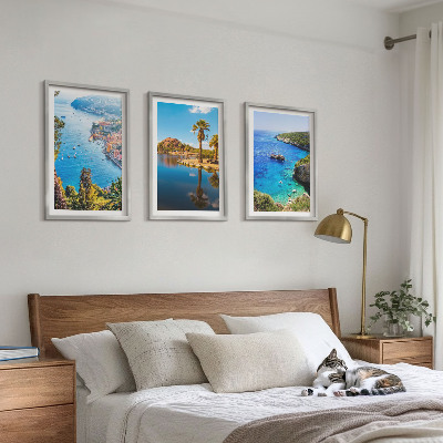 3 paveikslų rinkinys su rėmais Pajūrio palmės, mėlynas vanduo