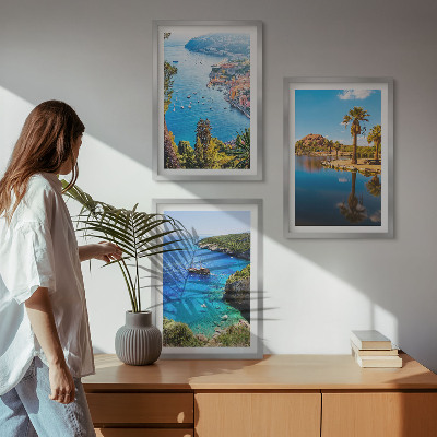 3 paveikslų rinkinys su rėmais Pajūrio palmės, mėlynas vanduo
