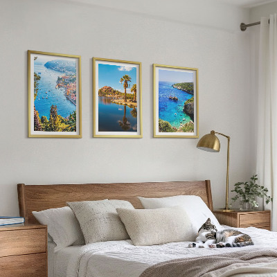 3 paveikslų rinkinys su rėmais Pajūrio palmės, mėlynas vanduo