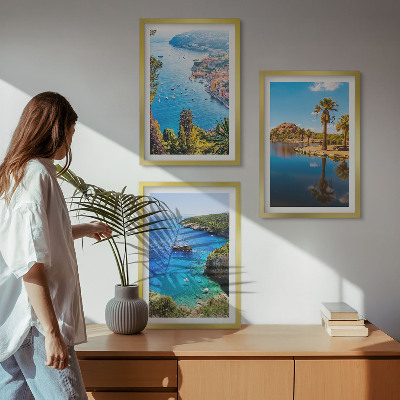 3 paveikslų rinkinys su rėmais Pajūrio palmės, mėlynas vanduo