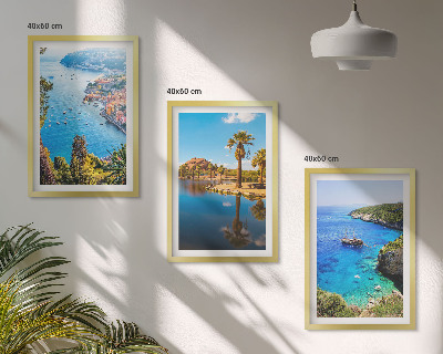 3 paveikslų rinkinys su rėmais Pajūrio palmės, mėlynas vanduo