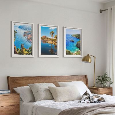 3 paveikslų rinkinys su rėmais Pajūrio palmės, mėlynas vanduo