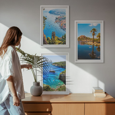 3 paveikslų rinkinys su rėmais Pajūrio palmės, mėlynas vanduo