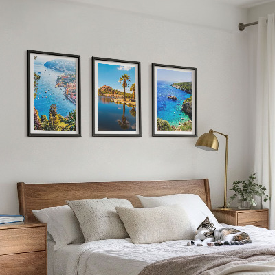 3 paveikslų rinkinys su rėmais Pajūrio palmės, mėlynas vanduo