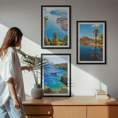3 paveikslų rinkinys su rėmais Pajūrio palmės, mėlynas vanduo