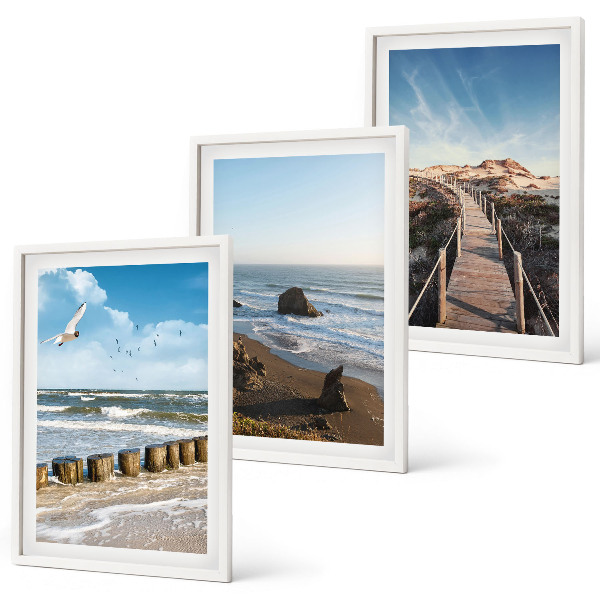 Įrėmintas triptikas paplūdimio bangos dangus prieplauka pasivaikščiojimas