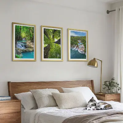 3 paveikslų rinkinys su rėmais kriokliai žaliame miške