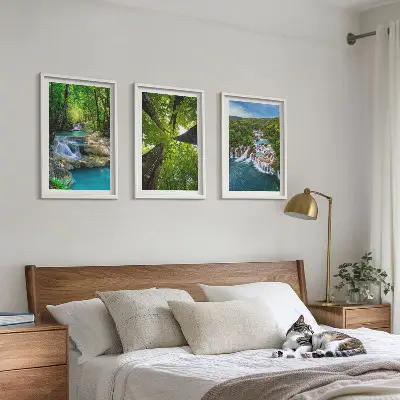 3 paveikslų rinkinys su rėmais kriokliai žaliame miške