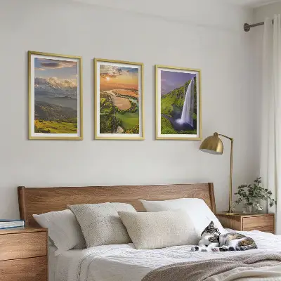 3 paveikslų rinkinys su rėmais kalnų upių ir krioklių gamtos motyvais