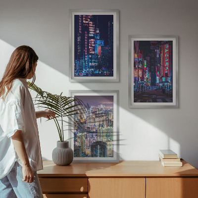3 paveikslų rinkinys su rėmais Naktinio miesto neoninės šviesos