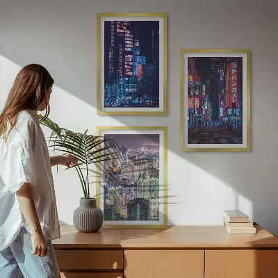 Naktinio miesto neoninės šviesos 3 paveikslų rinkinys su rėmais