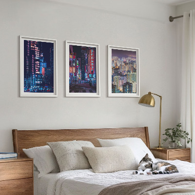 3 paveikslų rinkinys su rėmais Naktinio miesto neoninės šviesos