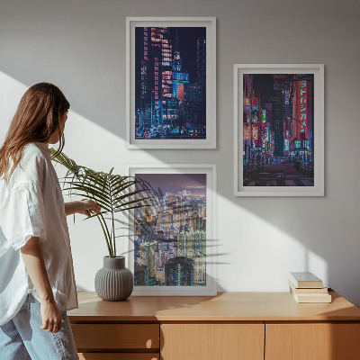 3 paveikslų rinkinys su rėmais Naktinio miesto neoninės šviesos
