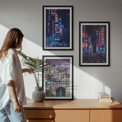 3 paveikslų rinkinys su rėmais Naktinio miesto neoninės šviesos