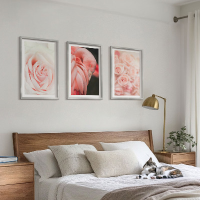 3 paveikslų rinkinys su rėmais Subtiliai pastelinės rožinės spalvos flamingai