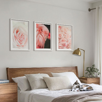 3 paveikslų rinkinys su rėmais Subtiliai pastelinės rožinės spalvos flamingai