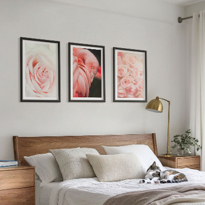 3 paveikslų rinkinys su rėmais Subtiliai pastelinės rožinės spalvos flamingai
